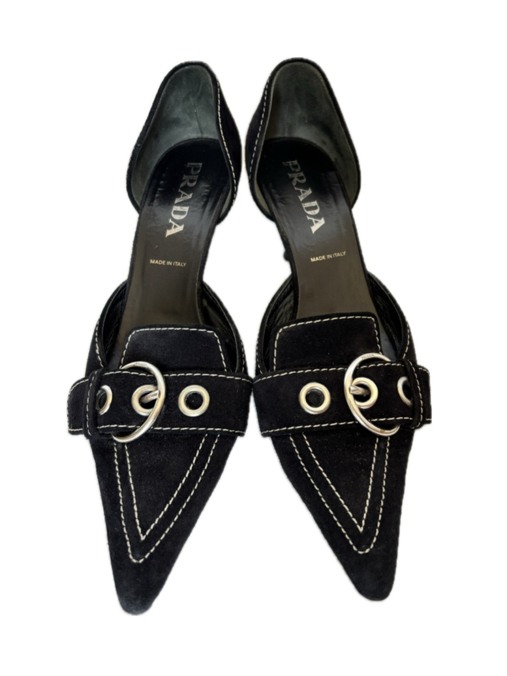 PRADA VINTAGE SS 2002 Black Suede Buckle Pointed Toe D’Orsay Kitten Heel Pumps